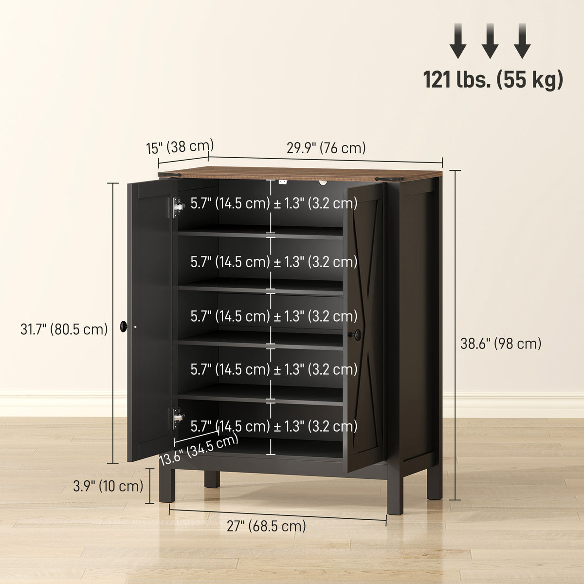 Shoe Cabinet with Barn Doors – 30"W x 39"H