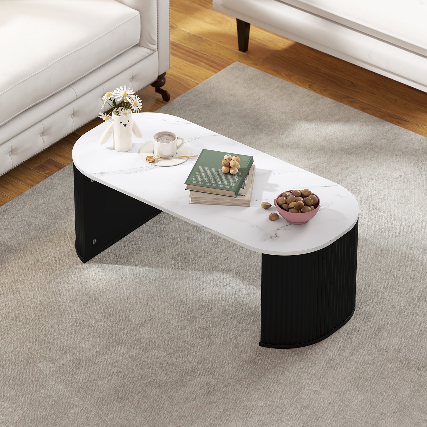 HOMCOM Modern Marble-Effect Coffee Table, Rounded Corners, Thick Black Legs