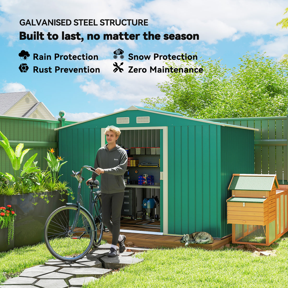 9.1'x6.4'x6.3' Garden Storage Shed, Outdoor Storage Tool House with Vents, Foundation and Lockable Double Doors – Green
