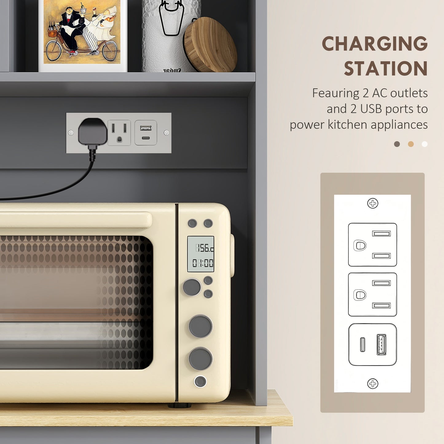 HOMCOM Kitchen Cabinet with Charging Station Freestanding Grey