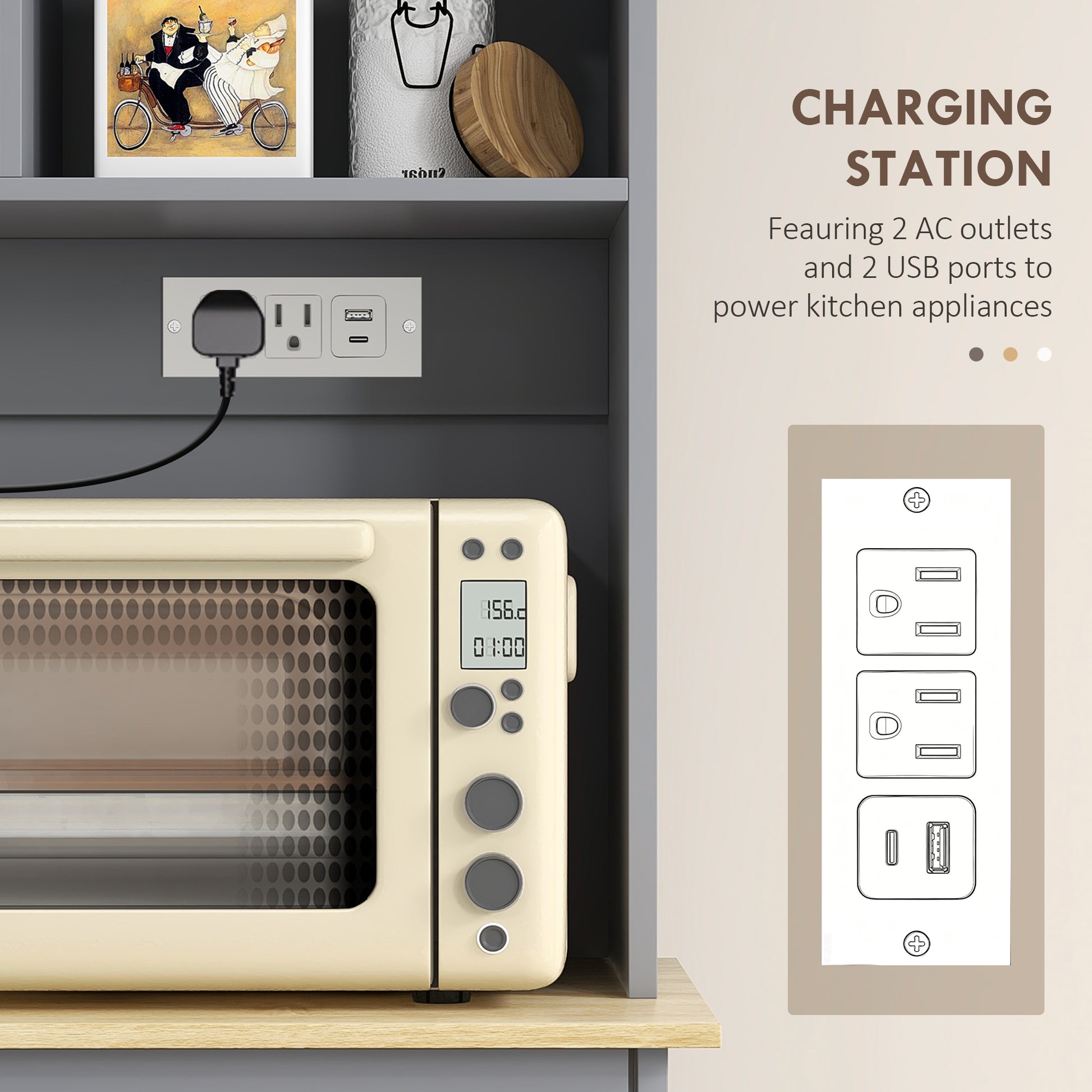 HOMCOM Kitchen Cabinet with Charging Station Freestanding Grey