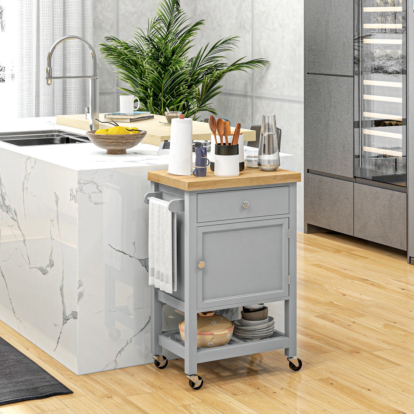 Rolling Kitchen Island Cart With Wood Top, White
