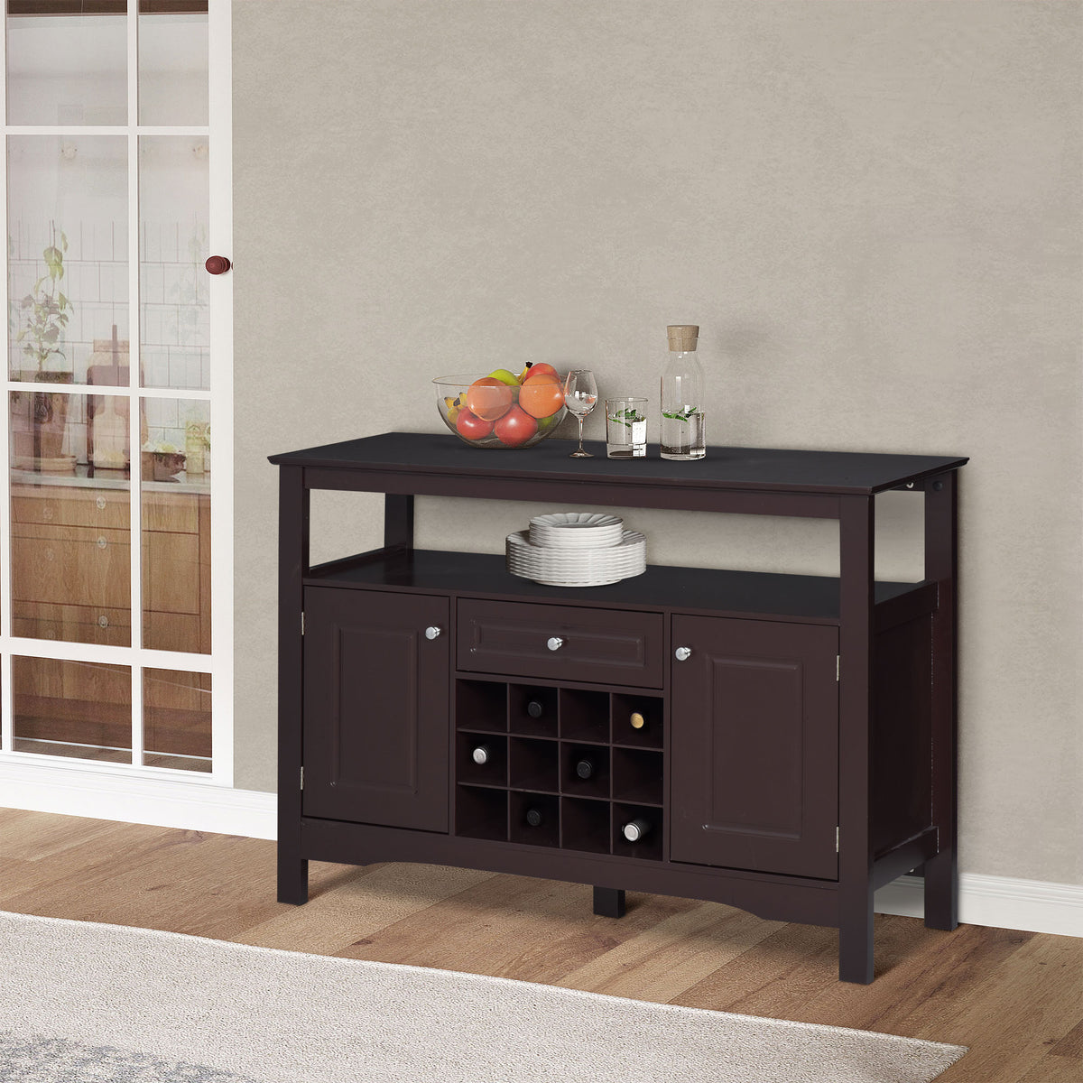 Buffet Bar Cabinet with Drawer and 12-Bottle Wine Rack – 46"W x 33"H