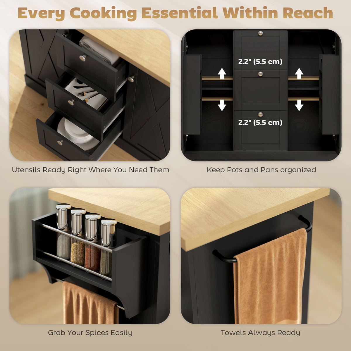 Farmhouse Kitchen Island Cart with Power Outlet and Soft-Close Doors – 49"W x 35"H