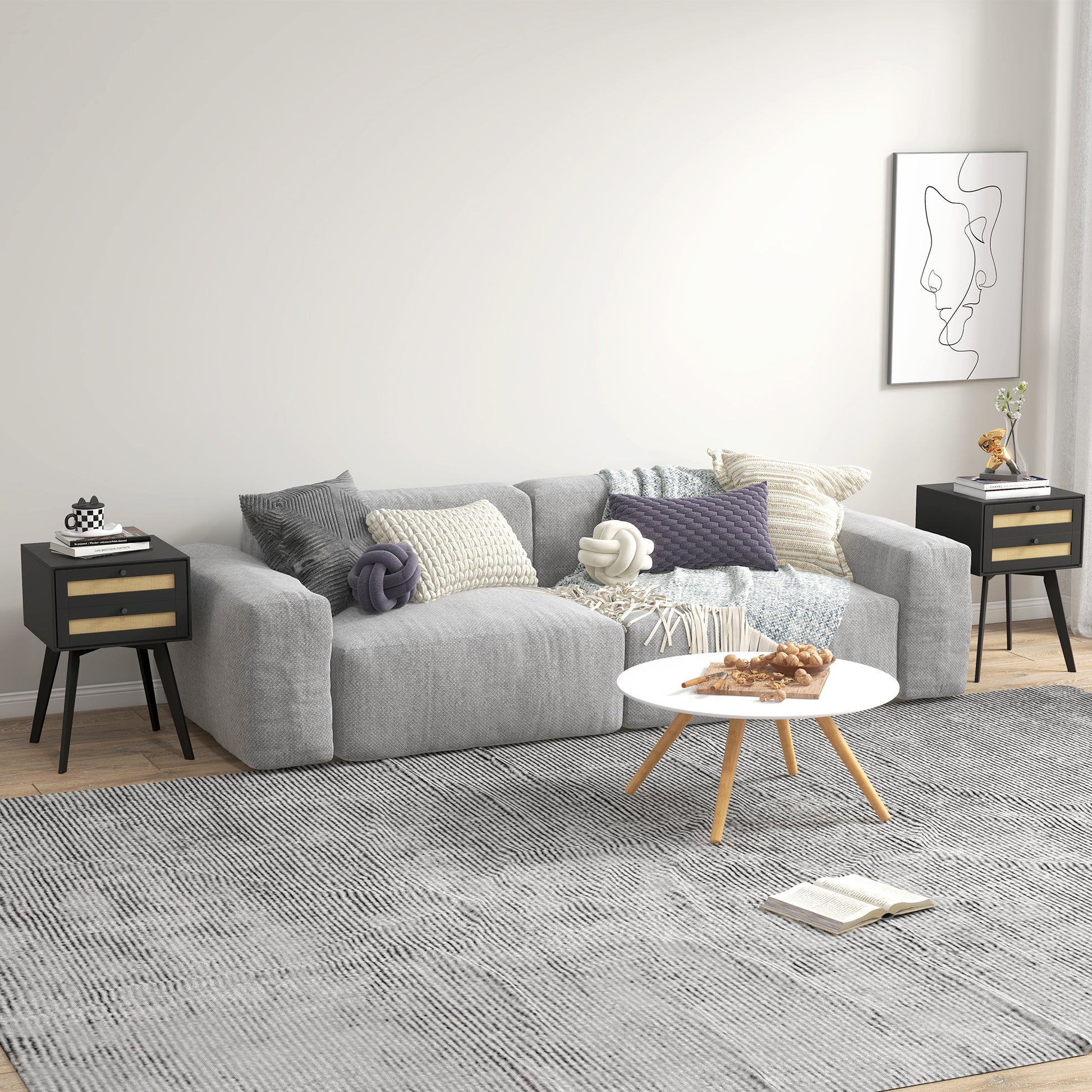 HOMCOM Boho Nightstands Set of 2 with Rattan Drawers, Square Bedside Tables