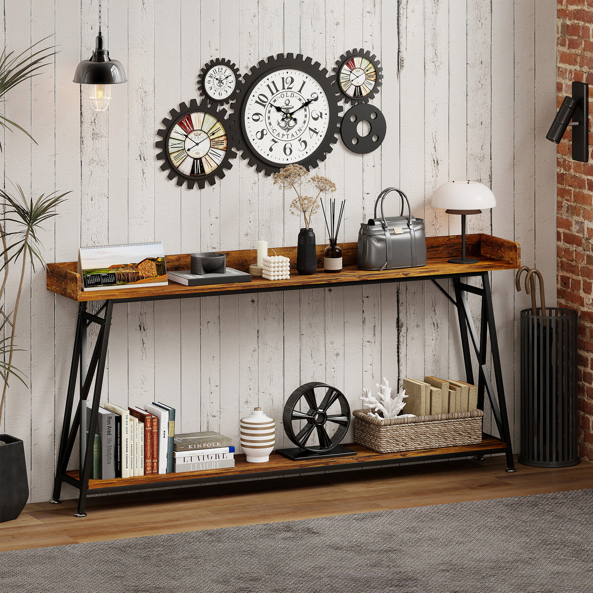 71" Extra Long Industrial Console Table with Shelf & Guardrails