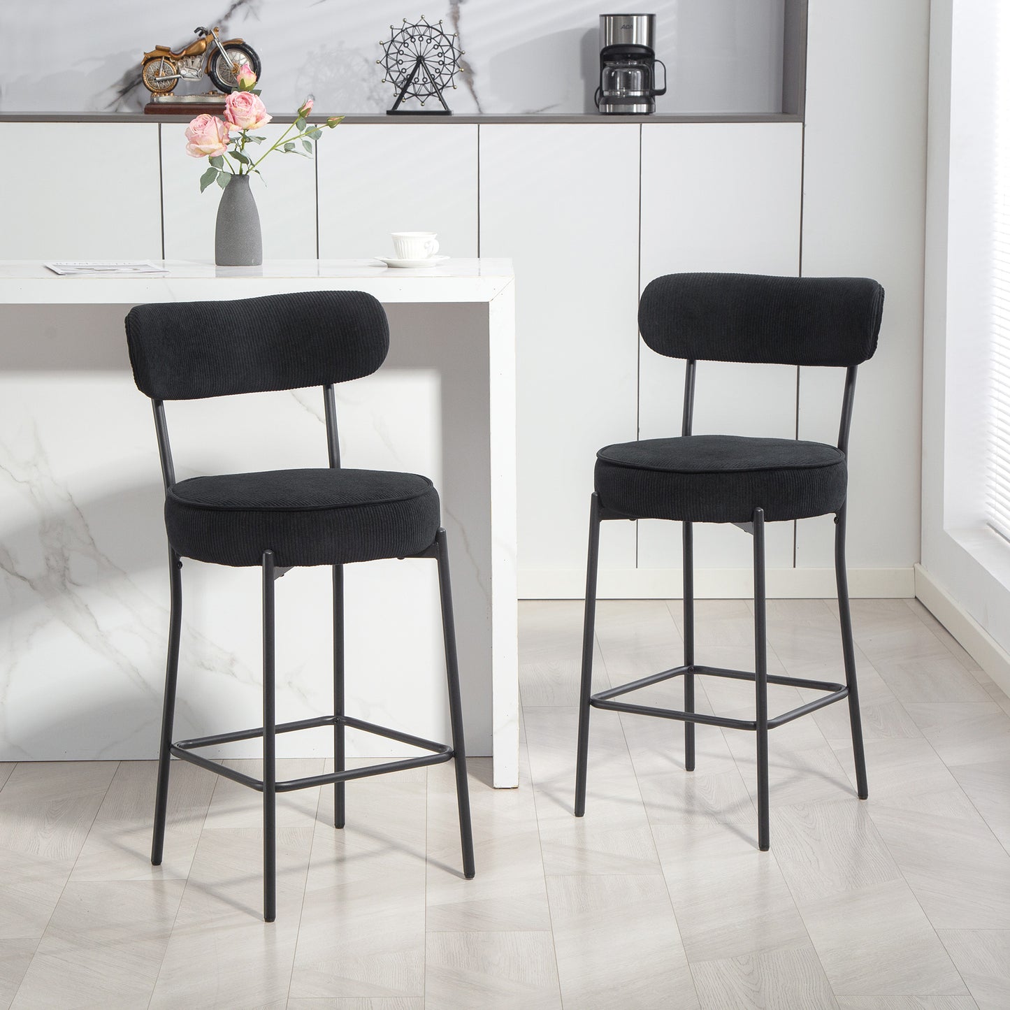 Set of 2 Barstools, Upholstered Bar Stools with Backrest, Footrest for Kitchen Island, Dining Room, Cream White