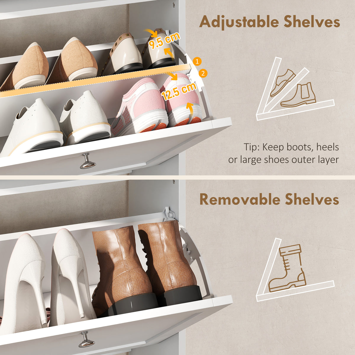 Shoe Cabinet with 3 Flip Drawers and Sensor Light – 24"W x 54"H