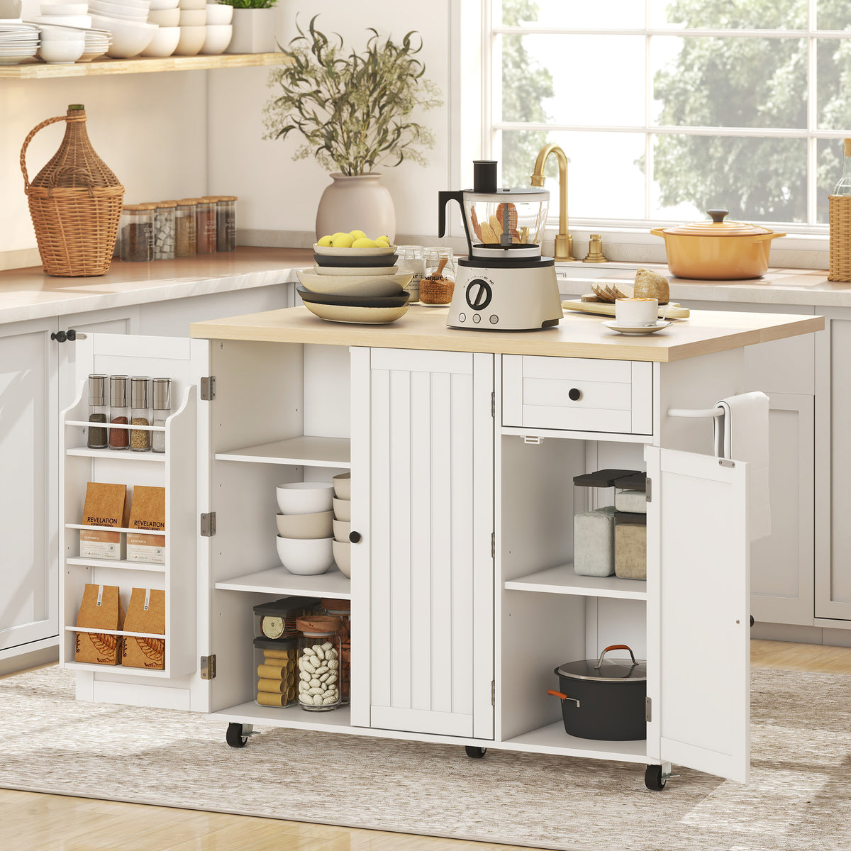 Rolling Kitchen Island Table with Drop Leaf – 49"W x 36"H