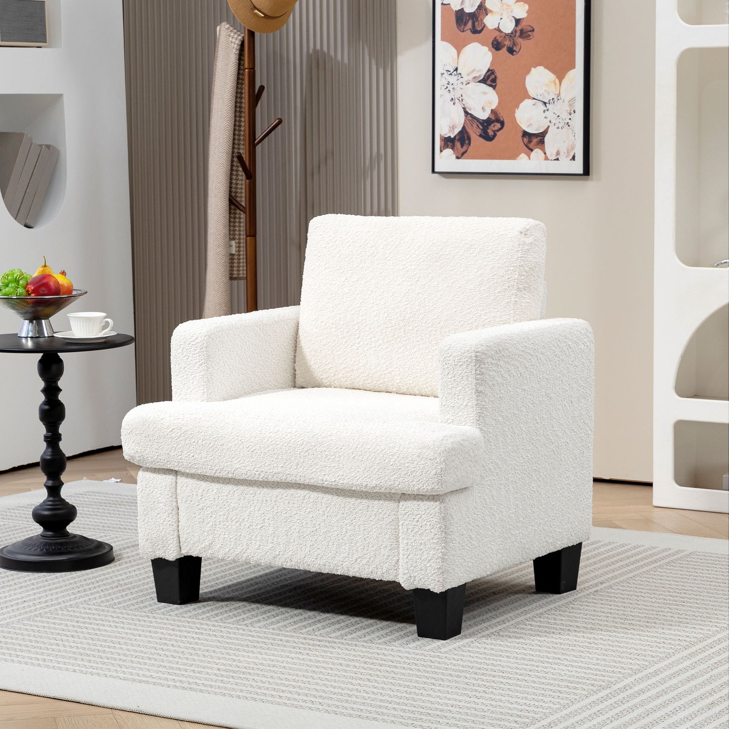 Modern Cream White Chenille Accent Armchair with Wood Frame, Back Pillow