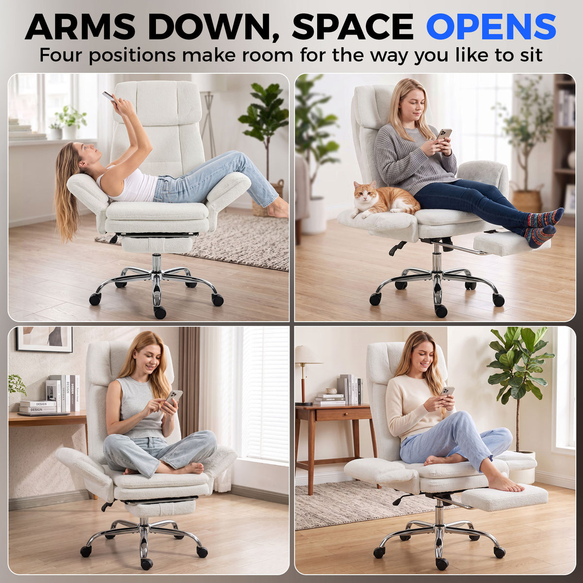 Big and Tall Office Chair with Flip Armrests for Cross Legged Sitting, Cream