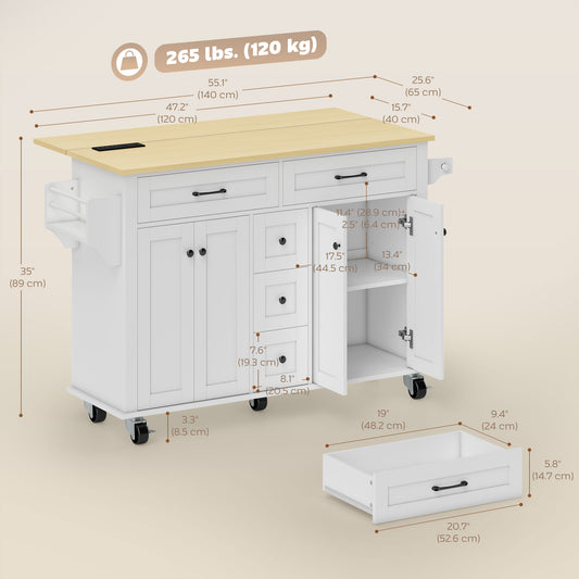 Kitchen Island Cart with Power Outlet & Drop Leaf – 55"W x 35"H