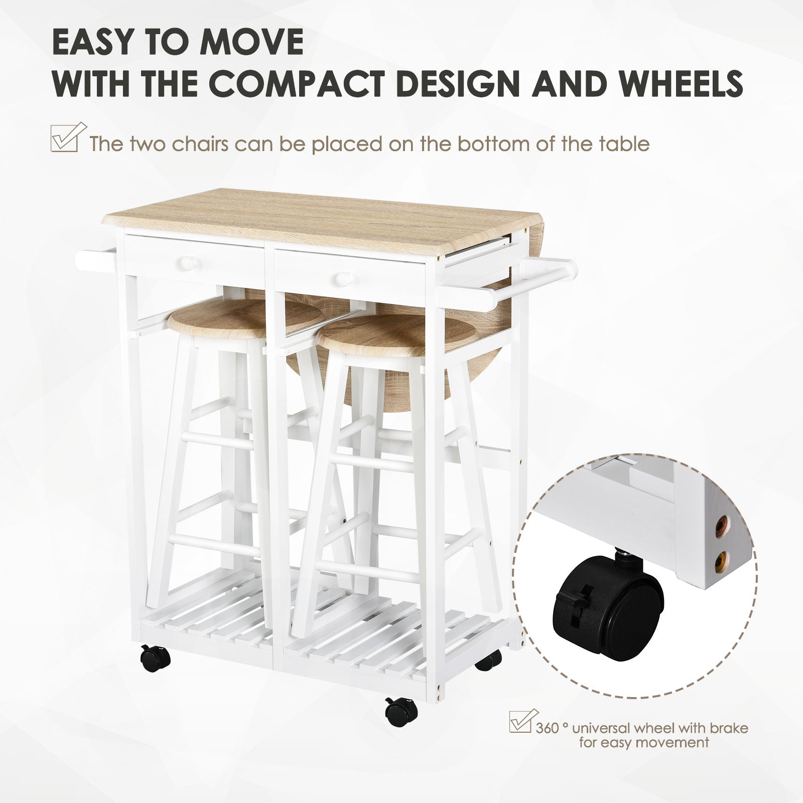 HOMCOM Kitchen Trolley 3-Piece Set with Drop Leaf Table, White