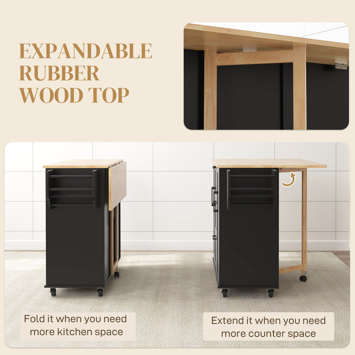 Rolling Kitchen Cart on Wheels with Drop Leaf – 52"W x 36"H