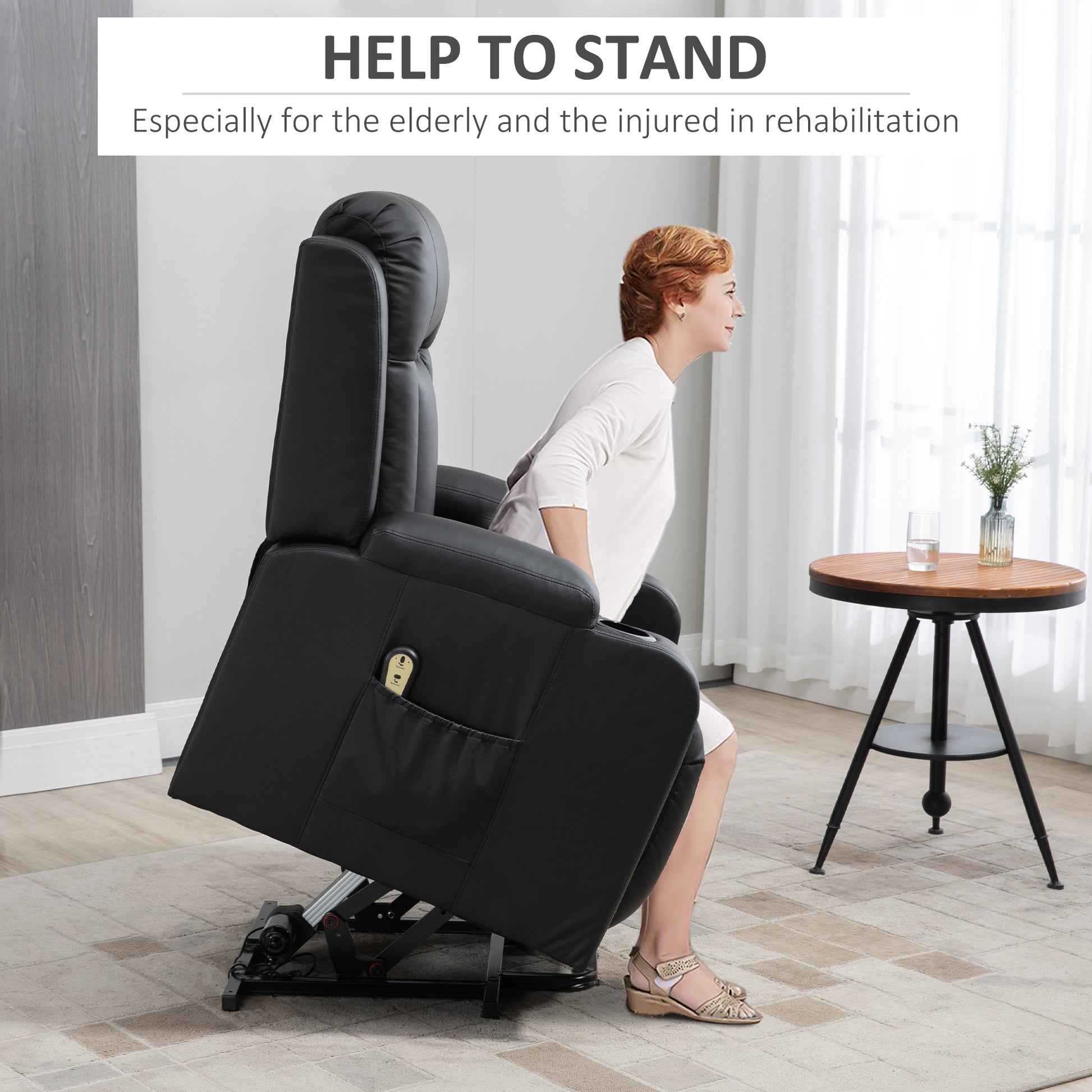 HOMCOM Electric Power Lift Recliner Chair, Black PU Leather, Footrest, Cup Holders