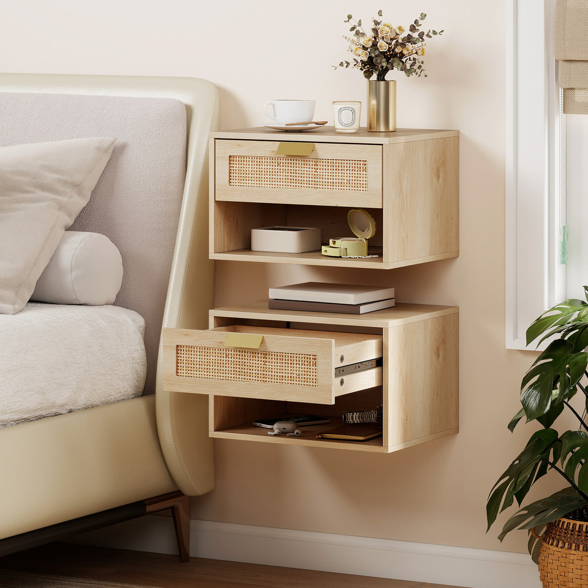 Nordic Floating Nightstands with Drawer and Shelf, Set of 2 – 16"W x 10"H