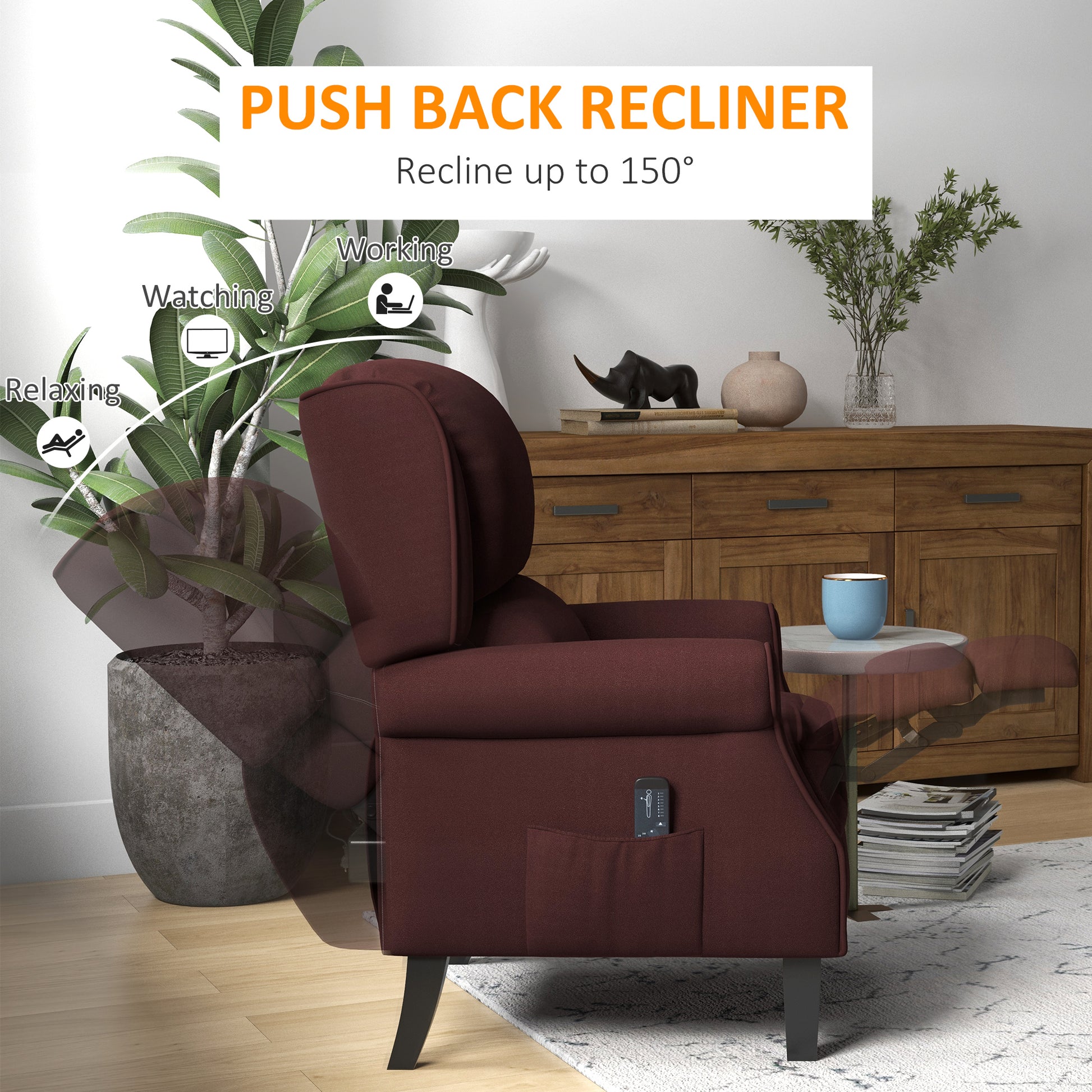 HOMCOM Brown Push Back Recliner with Massage, Extendable Footrest, Remote & Storage