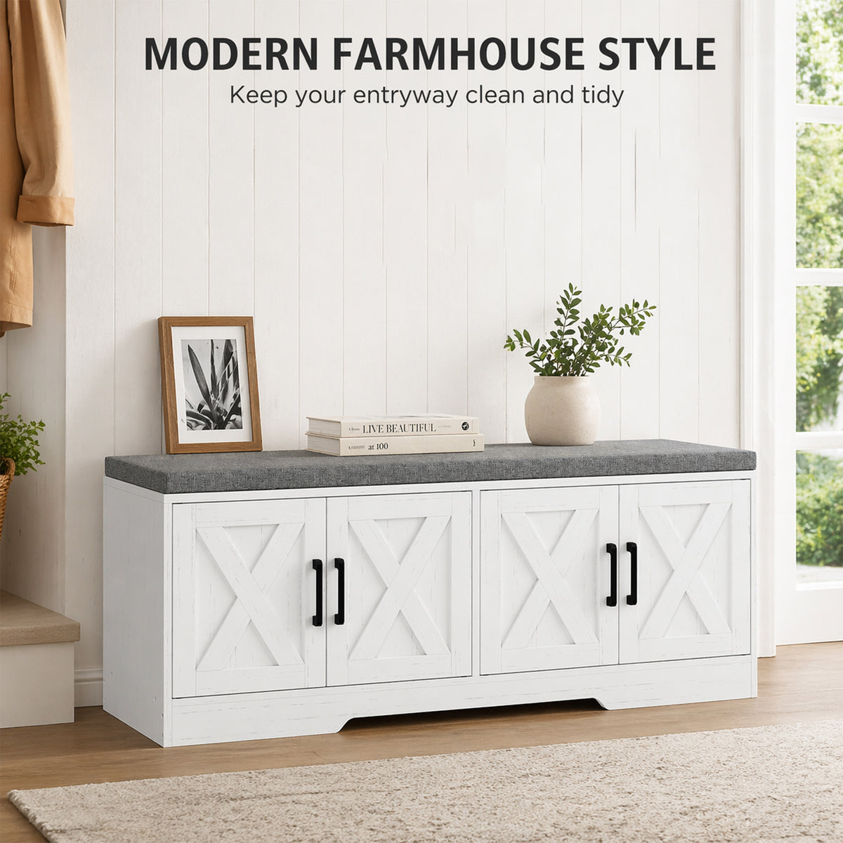 Shoe Storage Bench with Cushion and Doors – 47"W x 18"H