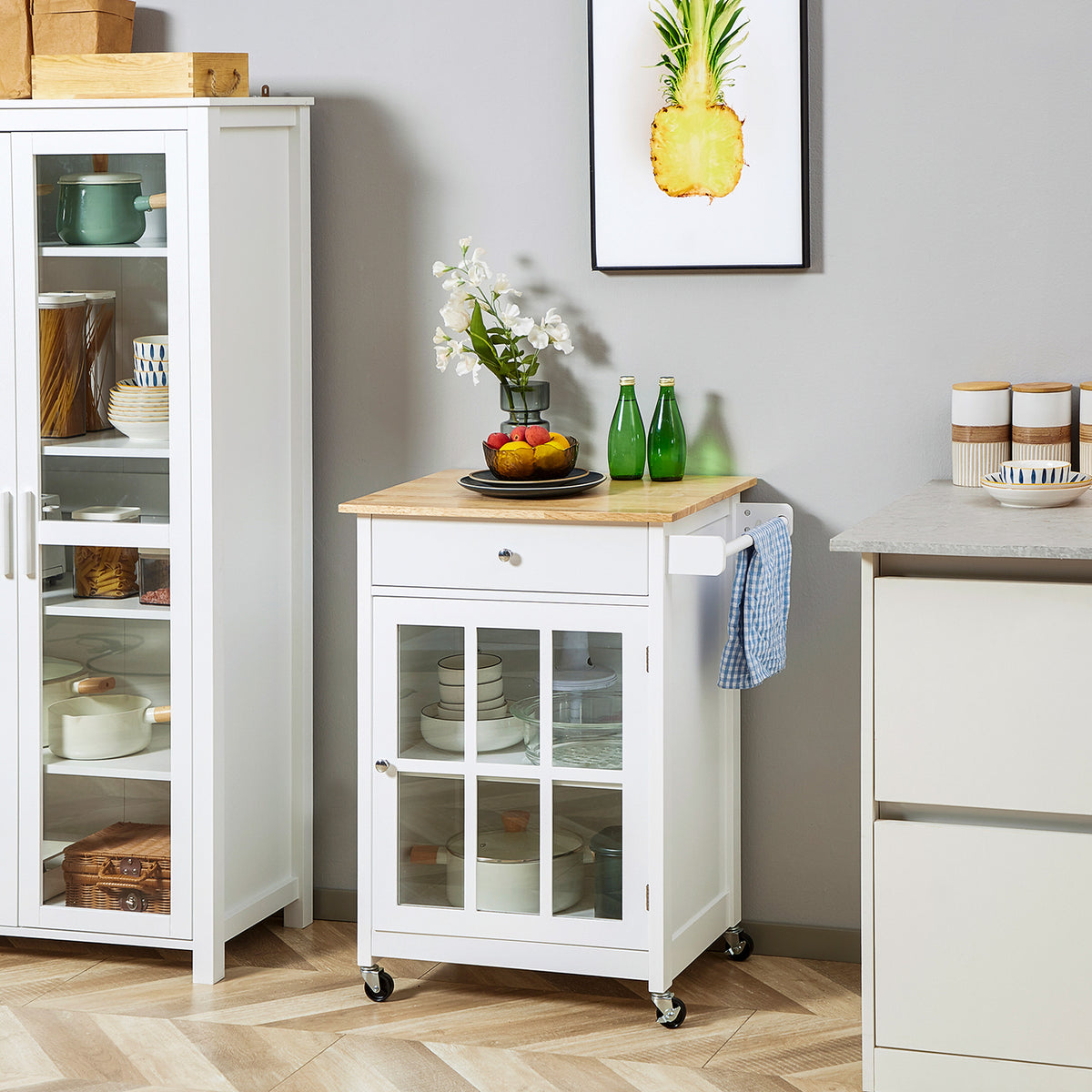 Rolling Kitchen Cart with Drawer and Glass Door Cabinet – 27"W x 34"H