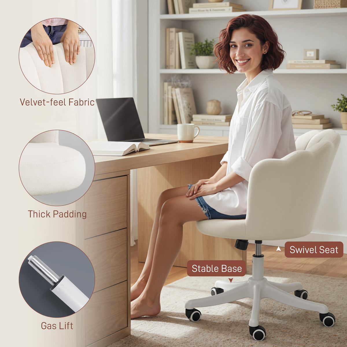 Office Chair, Armless Swivel Desk Chair with Adjustable Height, Backrest, Cream