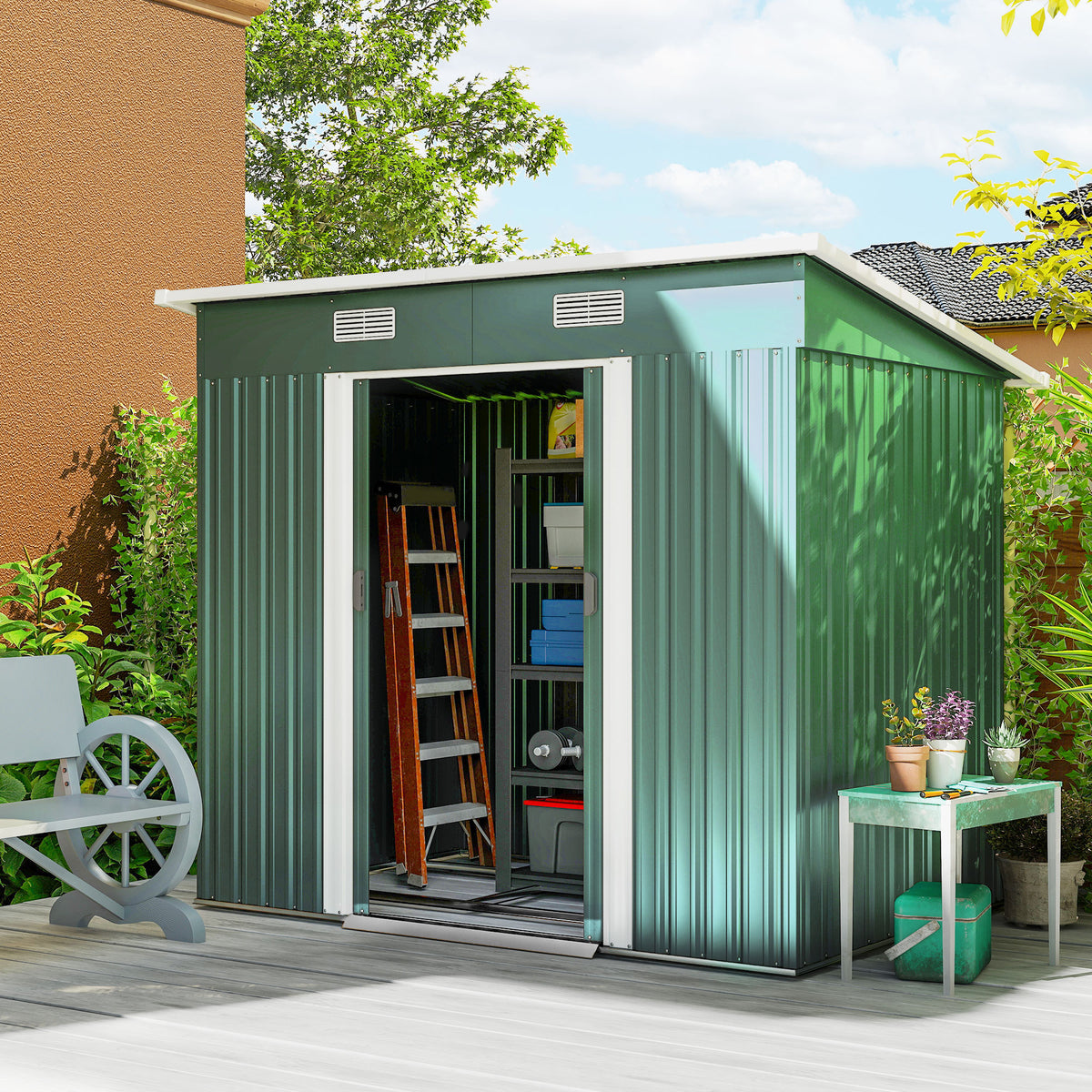 7'x 4' Metal Patio Storage Shed Garden Lockable Shed Tool Utility Storage Unit – 81.5" L x 51.2" W x 71.7" H – Green