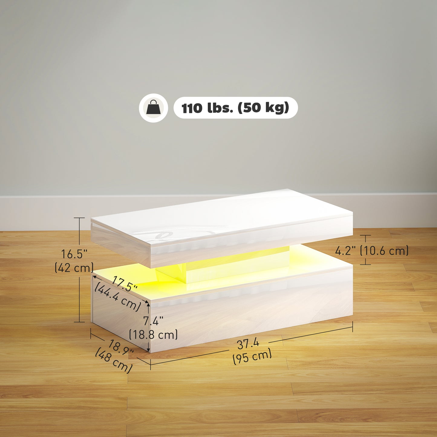 HOMCOM Modern High Gloss White LED Coffee Table with Two Drawers Storage