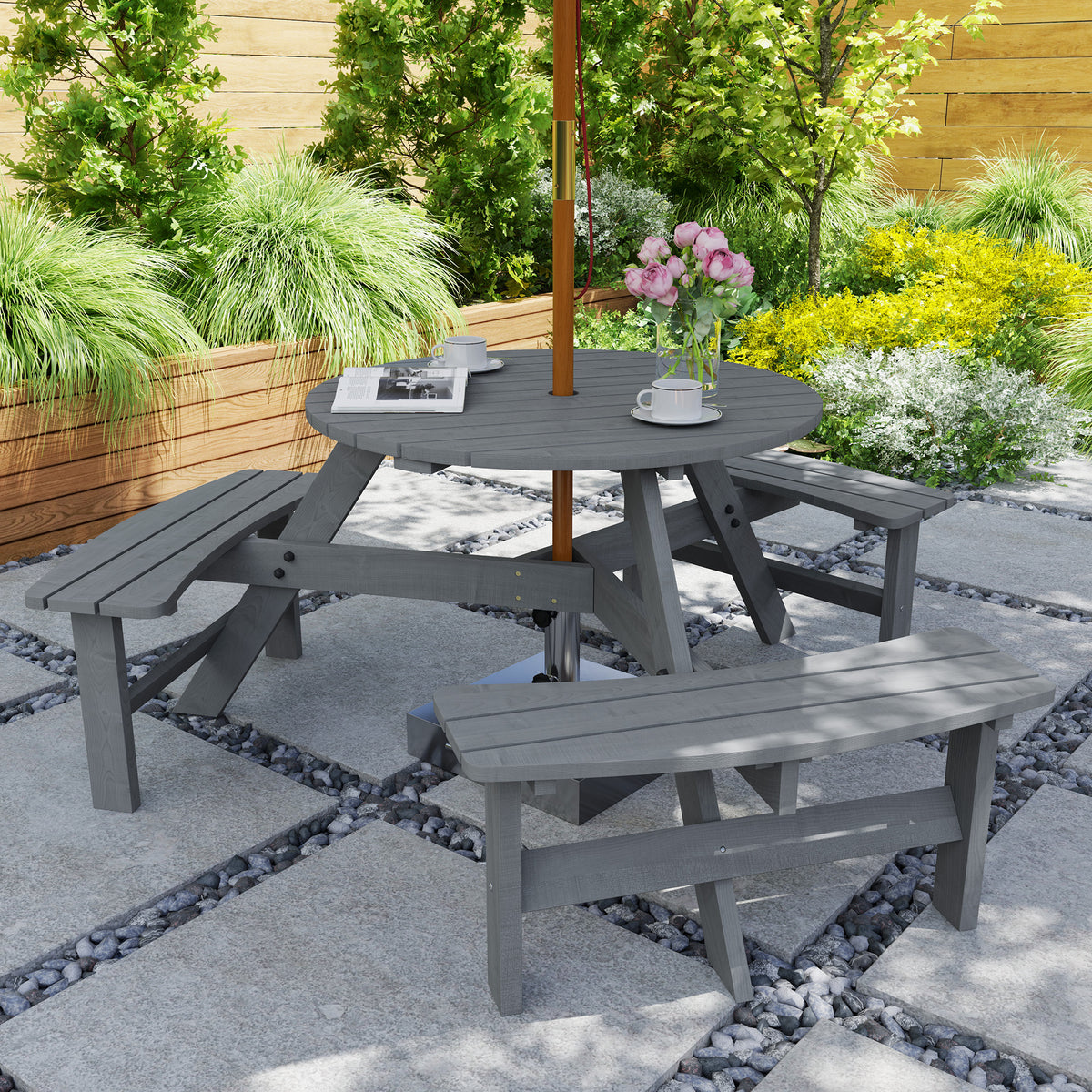 6 Person Round Picnic Table Bench Set with Umbrella Hole, Wood Patio Table with 3 Built-in Benches for Garden, Deck, Backyard – Grey