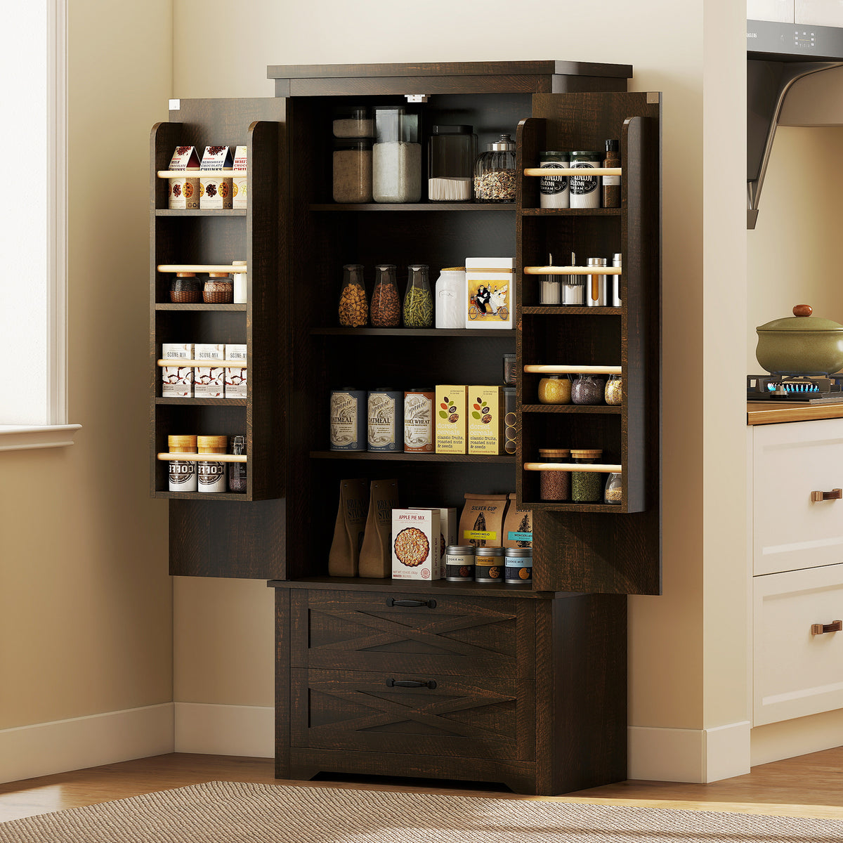 Freestanding Kitchen Pantry Cabinet with Drawers – 29"W x 64"H