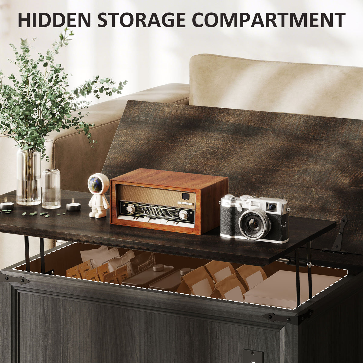Square Lift-Top Coffee Table with Charging Station and Hidden Storage