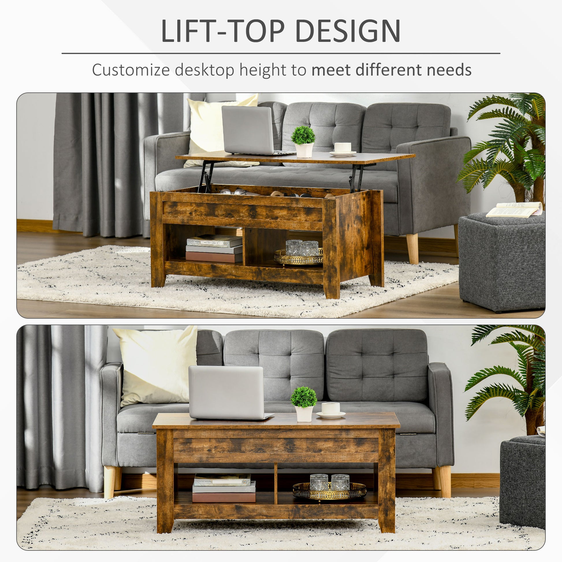 Modern Lift-Top Coffee Table with Hidden Storage & Open Shelves, Rustic Brown