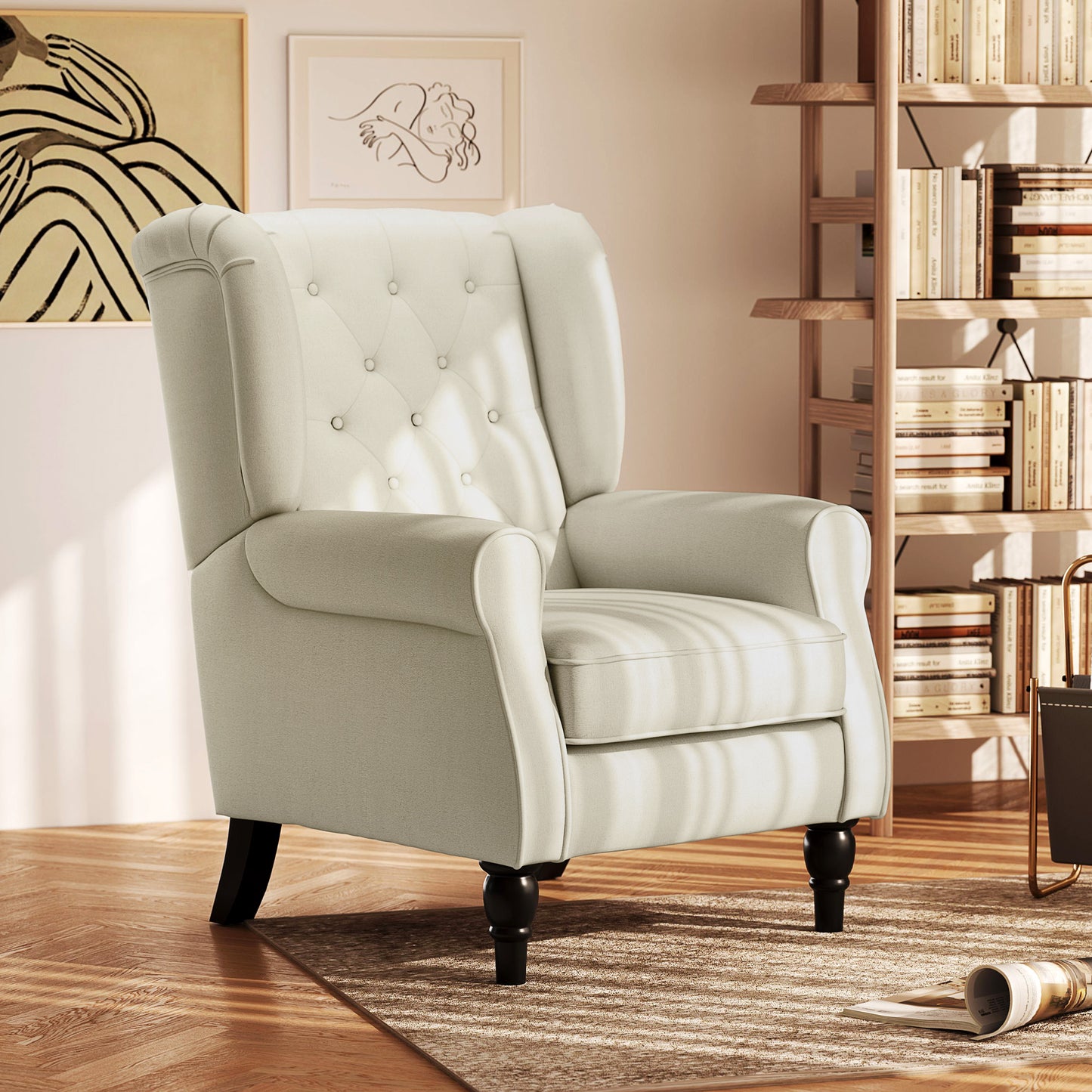 Elegant Cream White Tufted Wingback Accent Chair with Padded Armrests