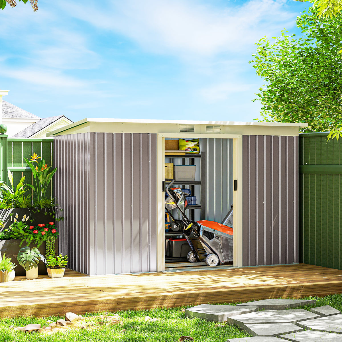 9' x 4' Garden Metal Storage Shed Outdoor Equipment Tool Box with Foundation Kit, Ventilation & Doors – Light Grey