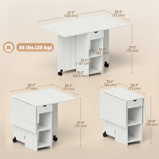 Folding Dining Table with Storage, Drop Leaf Kitchen Table with Drawer and Shelves for Small Spaces