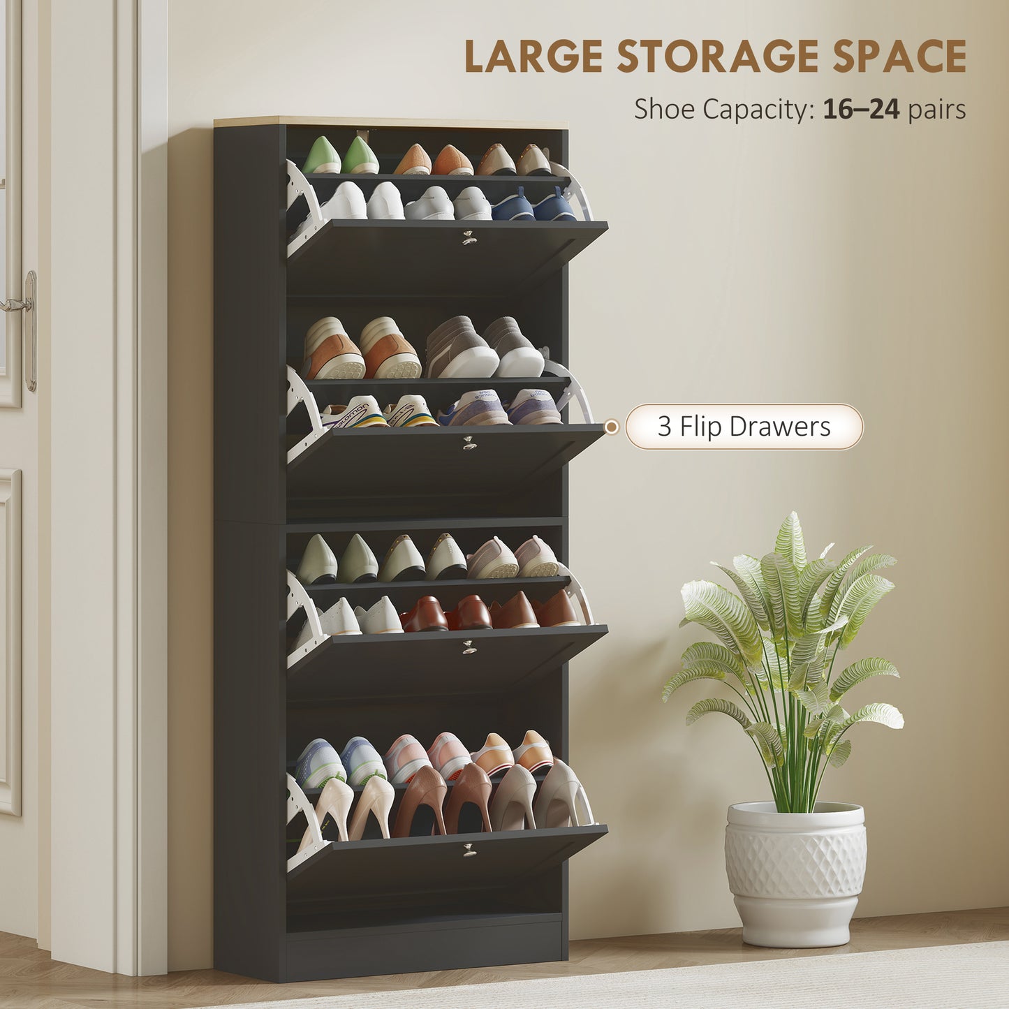 Space-Saving Black Shoe Cabinet: 4 Flip Drawers, Adjustable Shelves, 18-24 Pairs