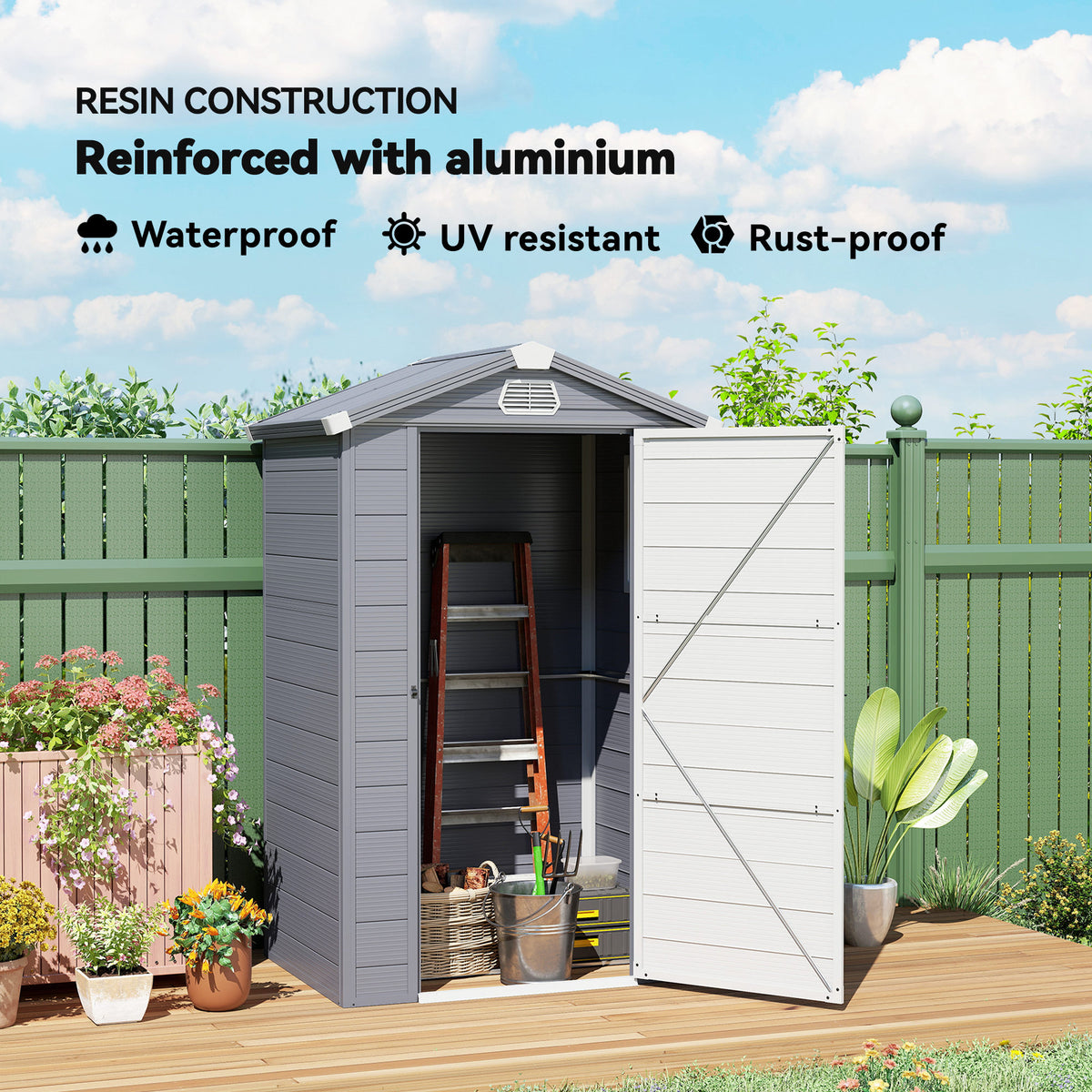 4.4' x 3.3' Plastic Garden Storage Shed with Latch Door, Vents, Sloped Roof
