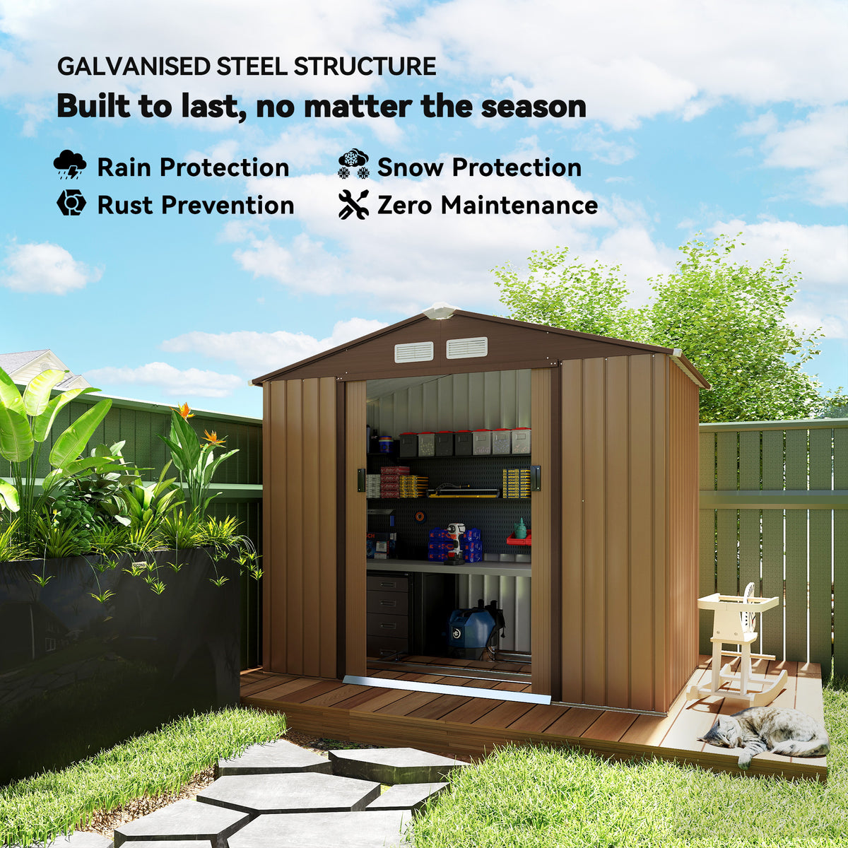 7'x 4'x 6' Garden Tool Shed Metal Storage Shed w/ Foundation Kit, Vents and Double Doors – Yellow
