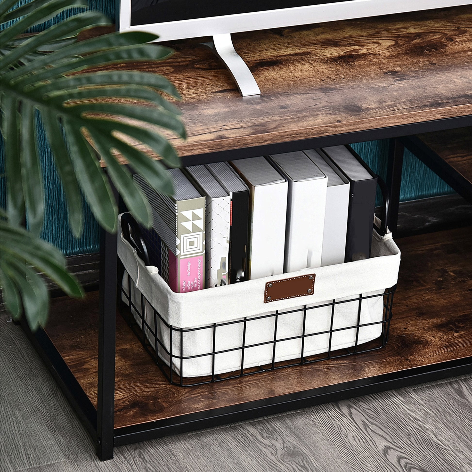 HOMCOM Industrial Rustic Brown TV Stand with Storage Shelves Metal Frame