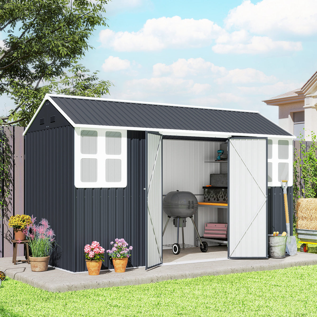12' x 5.5' Metal Garden Storage Shed, Outdoor Tool Storage House with Lockable Door, Vents, Sloped Roof – Dark Grey