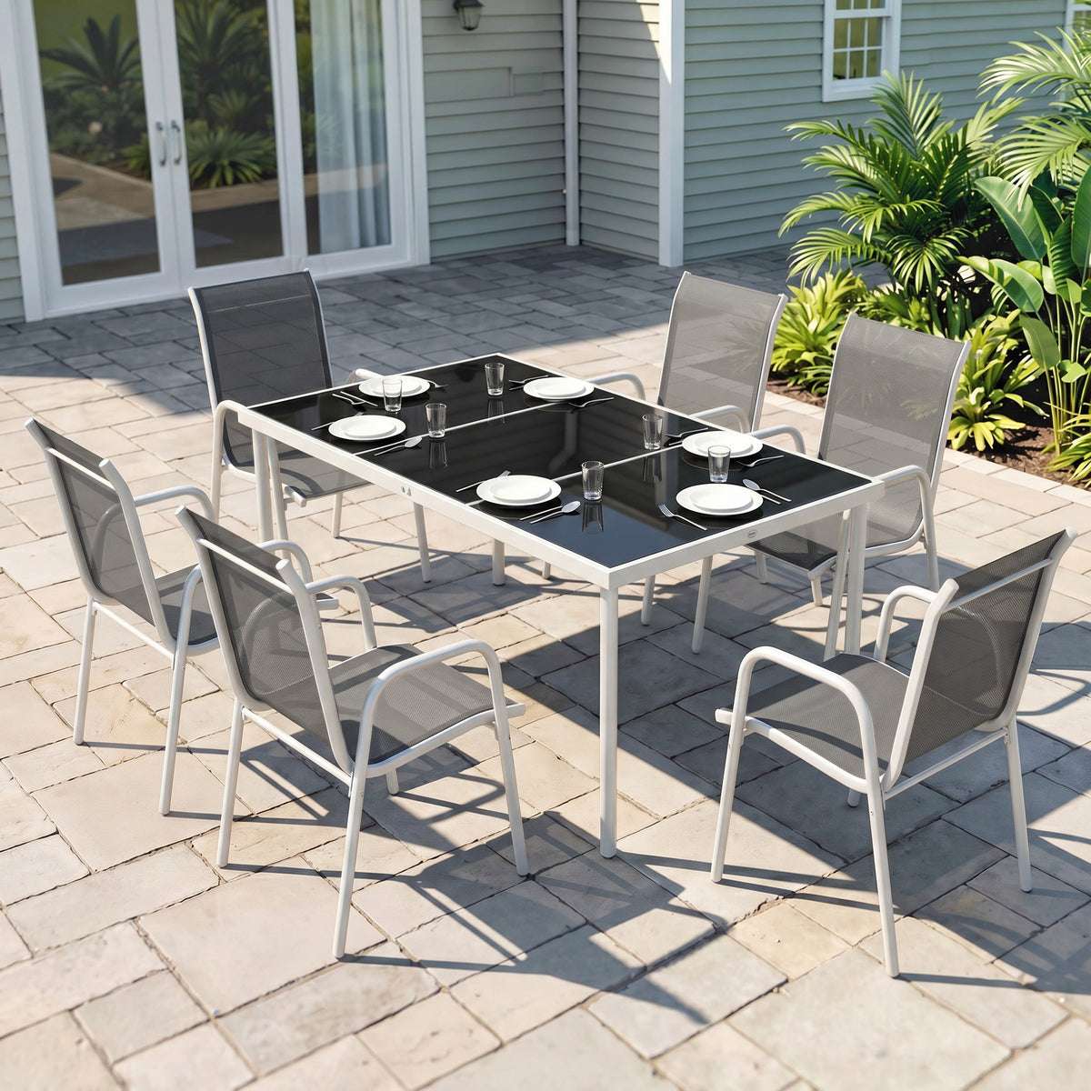 7 Piece Garden Dining Set, Garden Furniture Set with Rectangle Table and 6 Stackable Chairs – Grey, White, Black