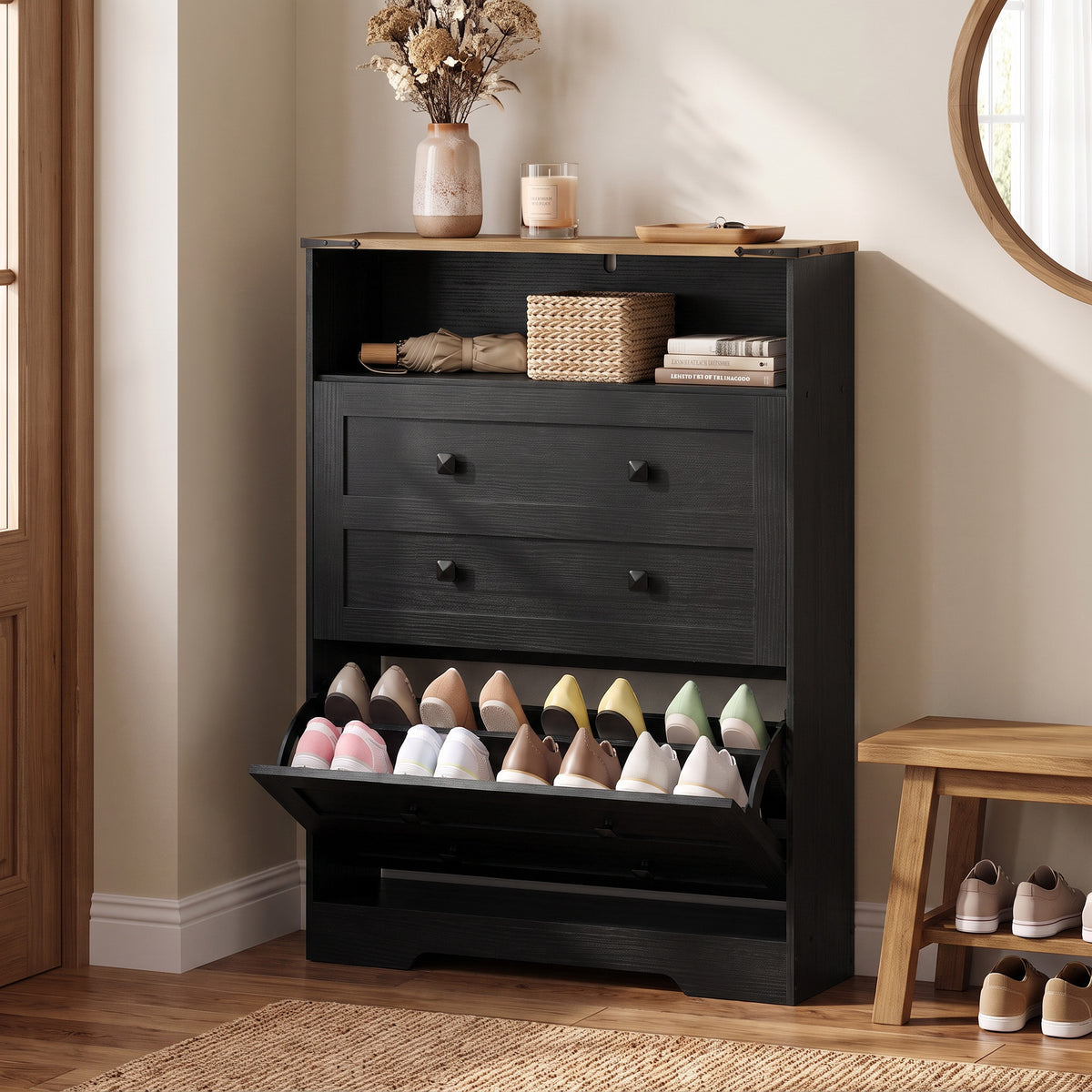 Slim Entryway Shoe Cabinet with 2 Flip Drawers – 31"W x 43"H