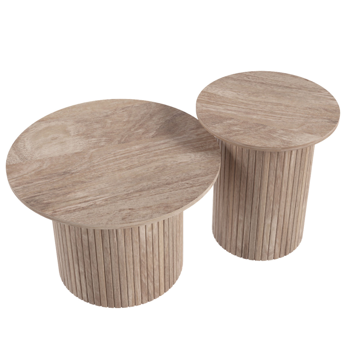 HOMCOM Round Nesting Coffee Table Set of 2, Fluted Mid Century Modern Circle Side Tables, Weathered Coffee Wood Grain