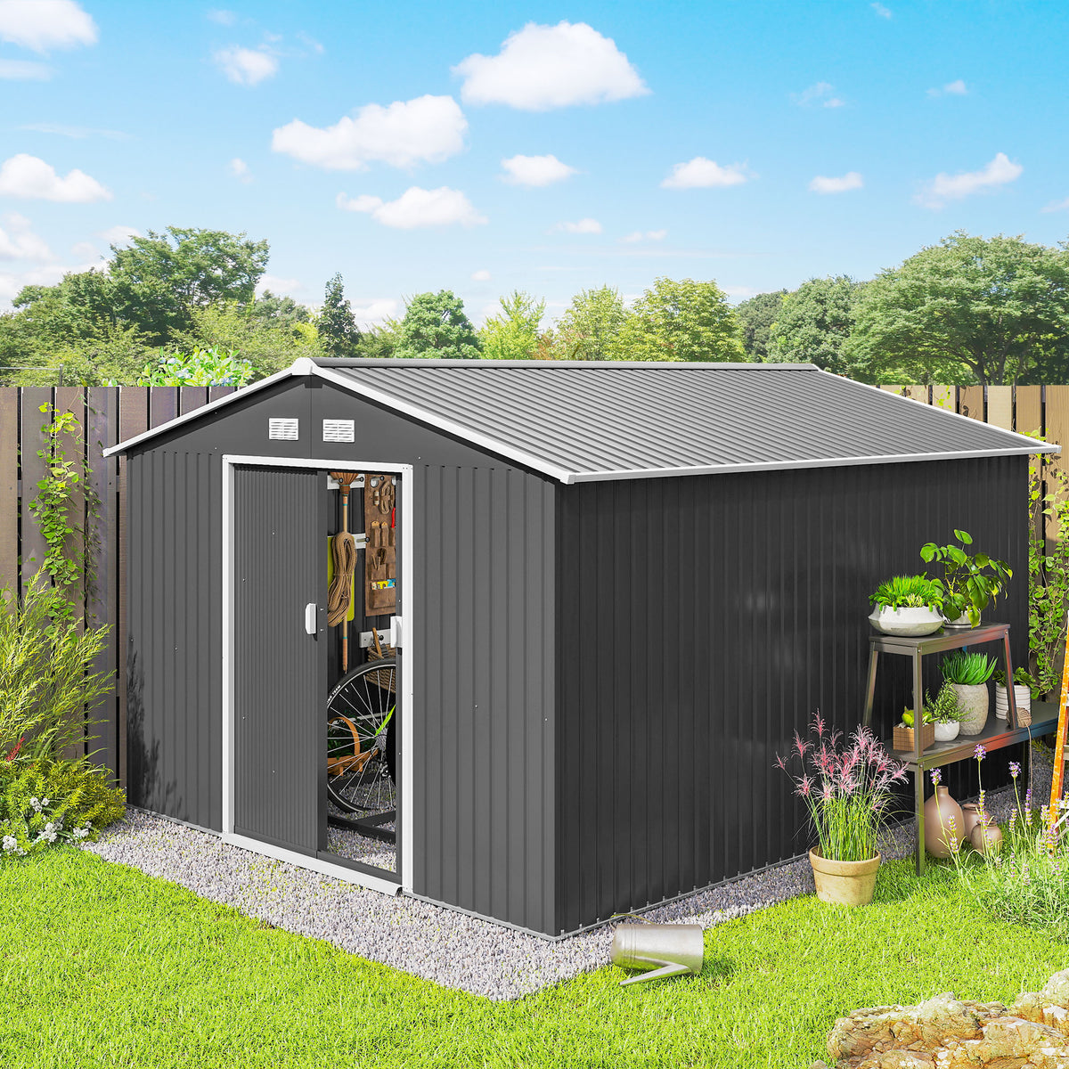 11' x 9' Metal Storage Shed Garden Tool House with Double Sliding Doors, 4 Air Vents for Backyard, Patio, Lawn – Light Grey