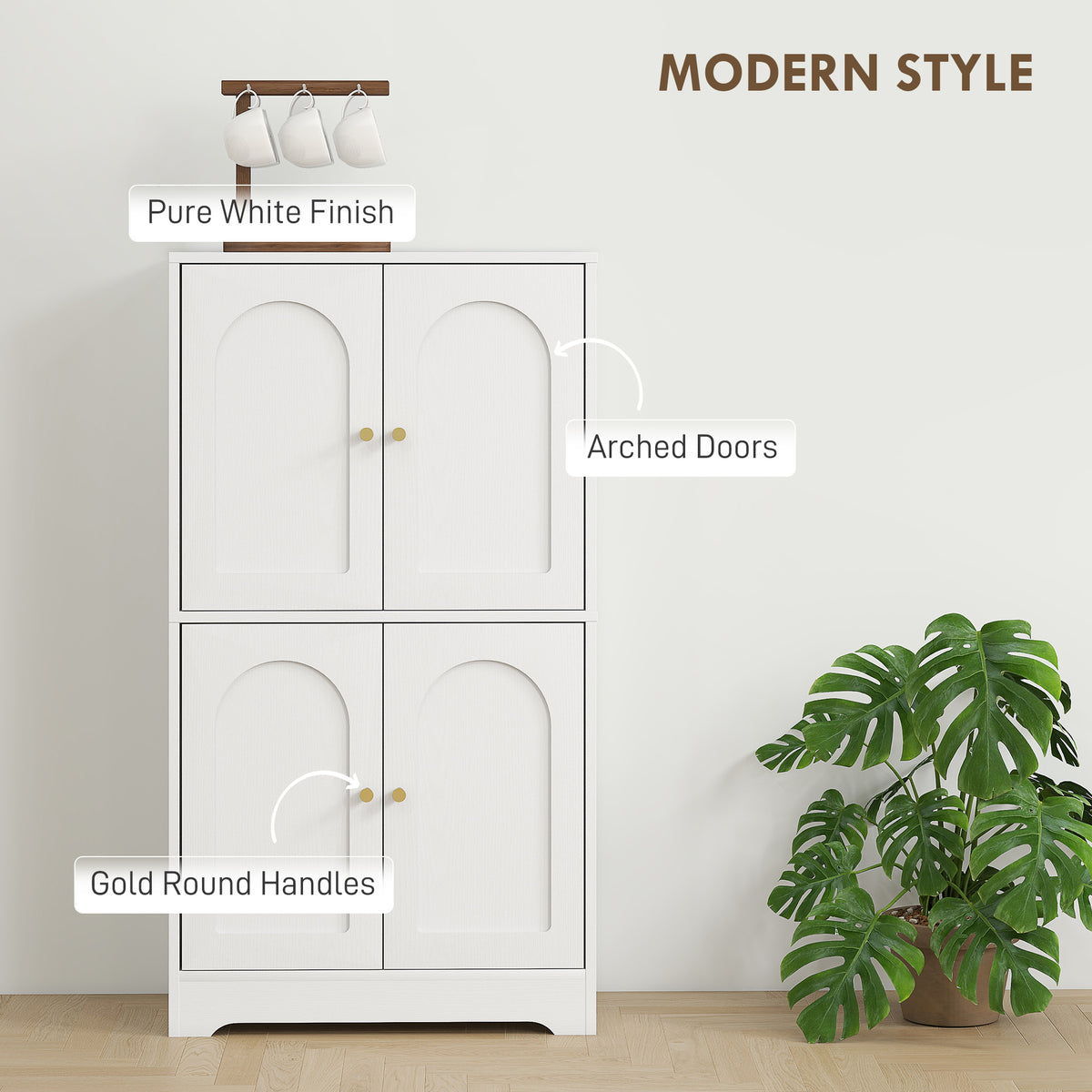 Kitchen Pantry Cabinet with 4 Arched Doors and 2 Adjustable Shelves – 24"W x 43"H