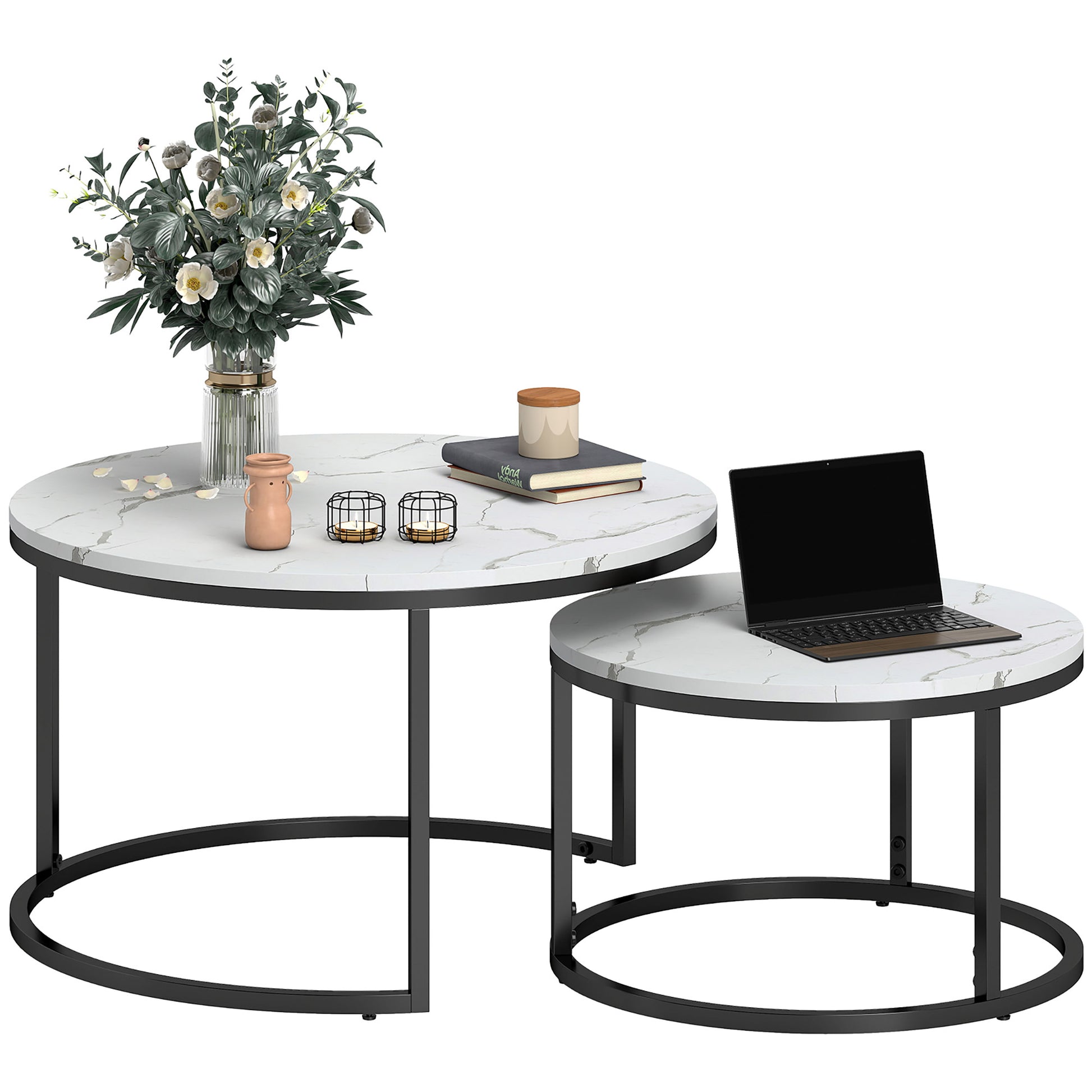 HOMCOM Modern Round Nesting Coffee Tables Set, White Faux Marble Top