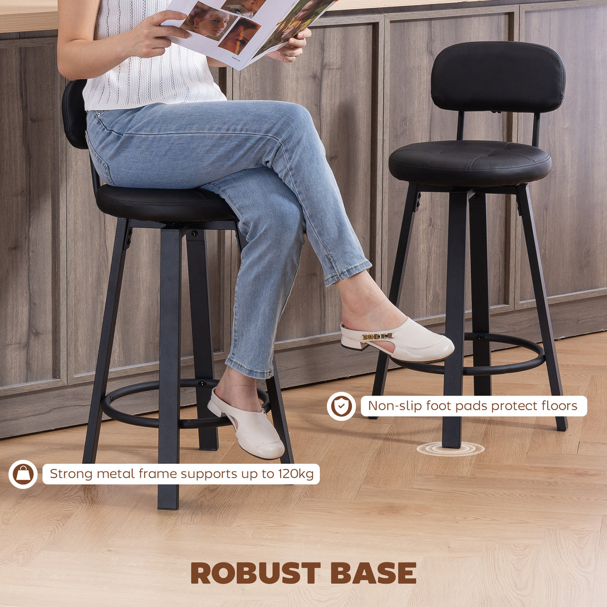 PU Leather Breakfast Bar Chairs with Footrest and Backrest, Set of 2