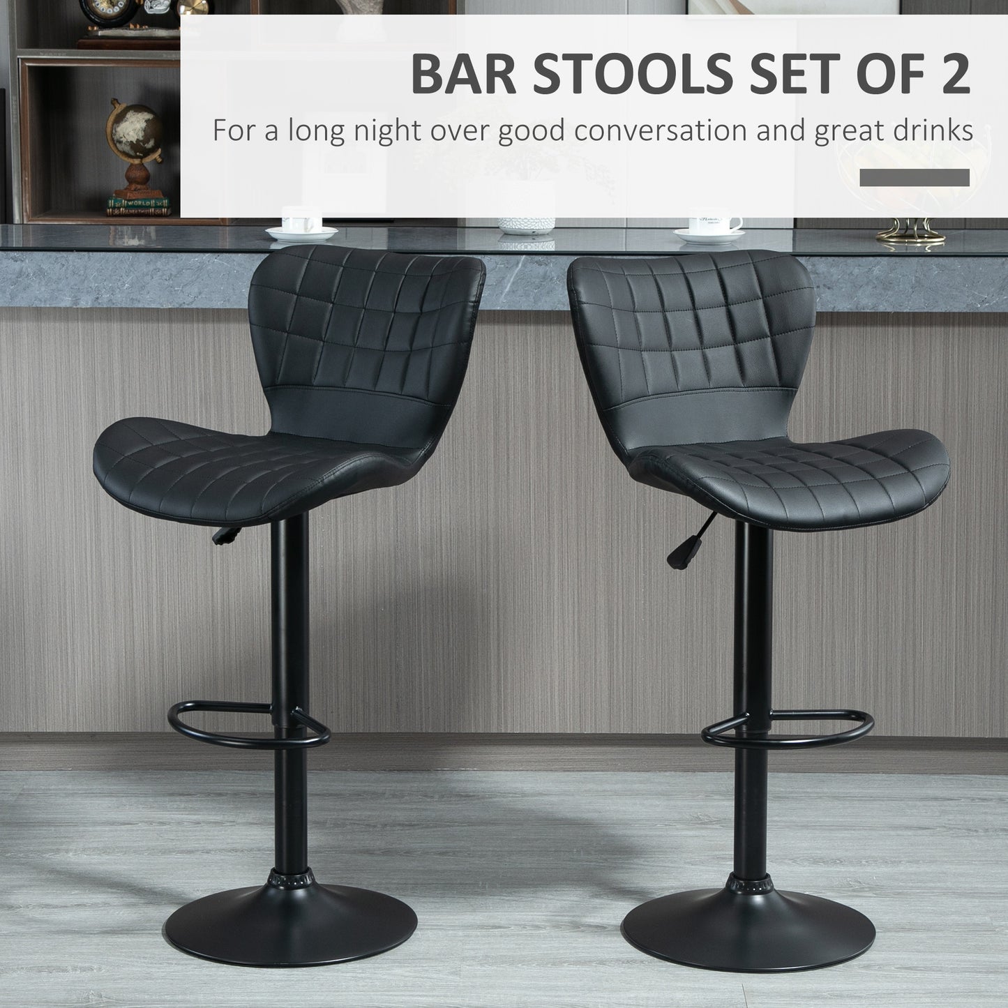 HOMCOM Adjustable Swivel PU Leather Bar Stools Set of 2 with Backrest & Footrest, Black