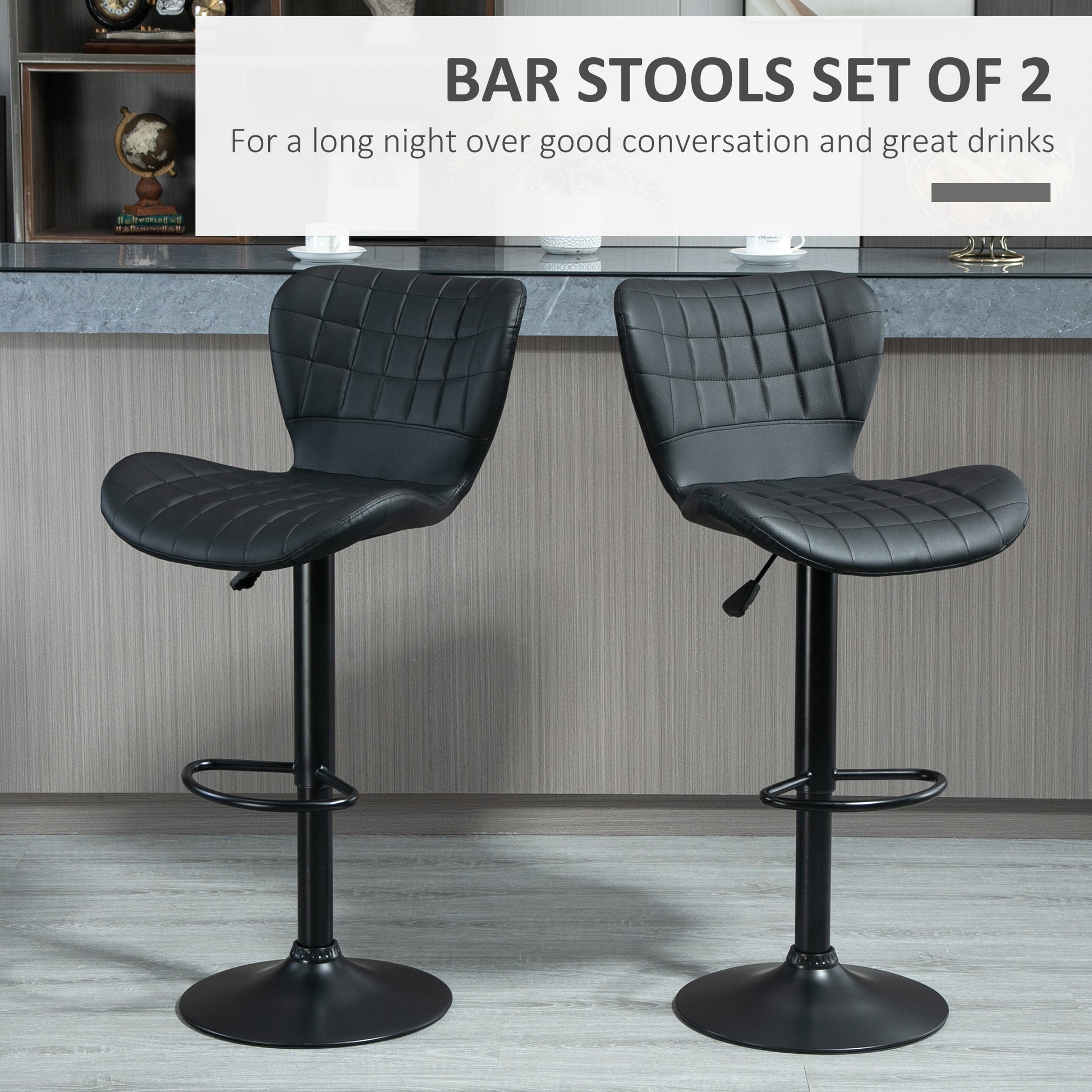 HOMCOM Adjustable Swivel PU Leather Bar Stools Set of 2 with Backrest & Footrest, Black