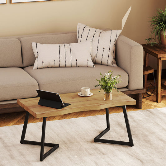 Coffee Table Curved Thick Top Living Room Accent Table Black Metal Legs, 39.4" x 19.7" x 17.7", Oak