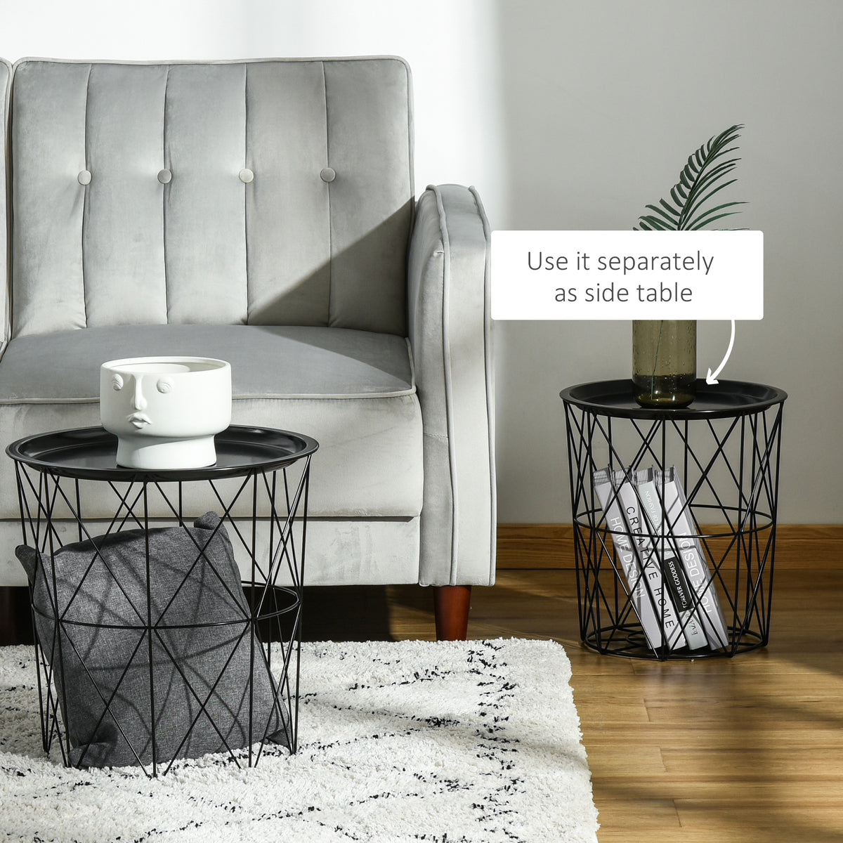 Round Nesting Coffee Tables Set of 3 with Basket Storage – Black