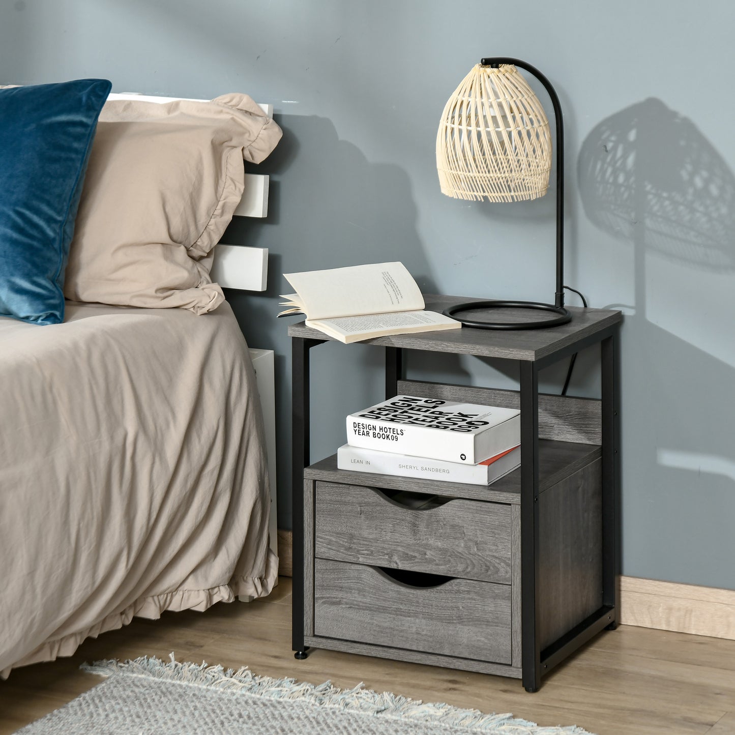 HOMCOM Industrial Grey Nightstand Side Table, 2 Drawers, Open Storage Shelf, Metal Frame